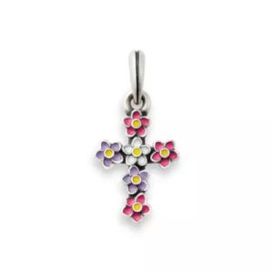 Enamel Floral Cross Pendant in Sterling Silver