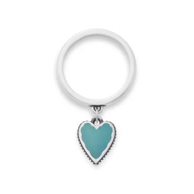 Small Enamel Heart Charm Dangle Ring in Sterling Silver