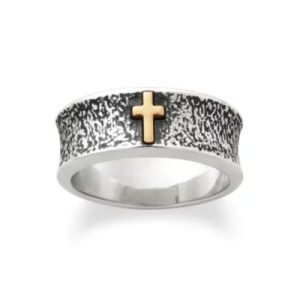 Textured Wedding Ring with Cross in Sterling Silver and 14K Yellow Gold